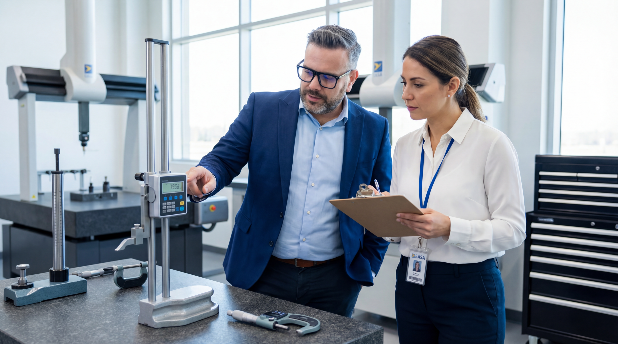 Peter s audítorom kontroluje kvalitné meradlá v kontrolnej miestnosti