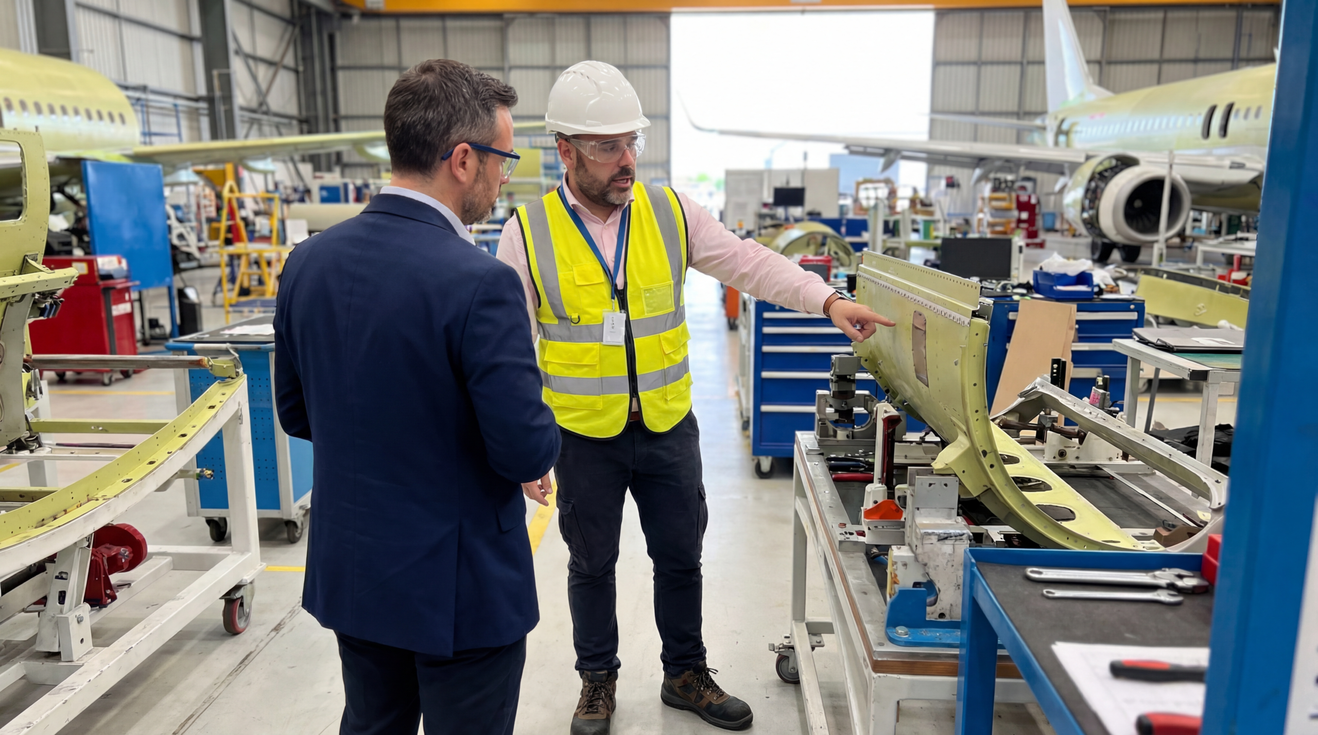 Peter v bezpečnostnom vybavení ukazuje audítorovi výrobný proces lietadiel