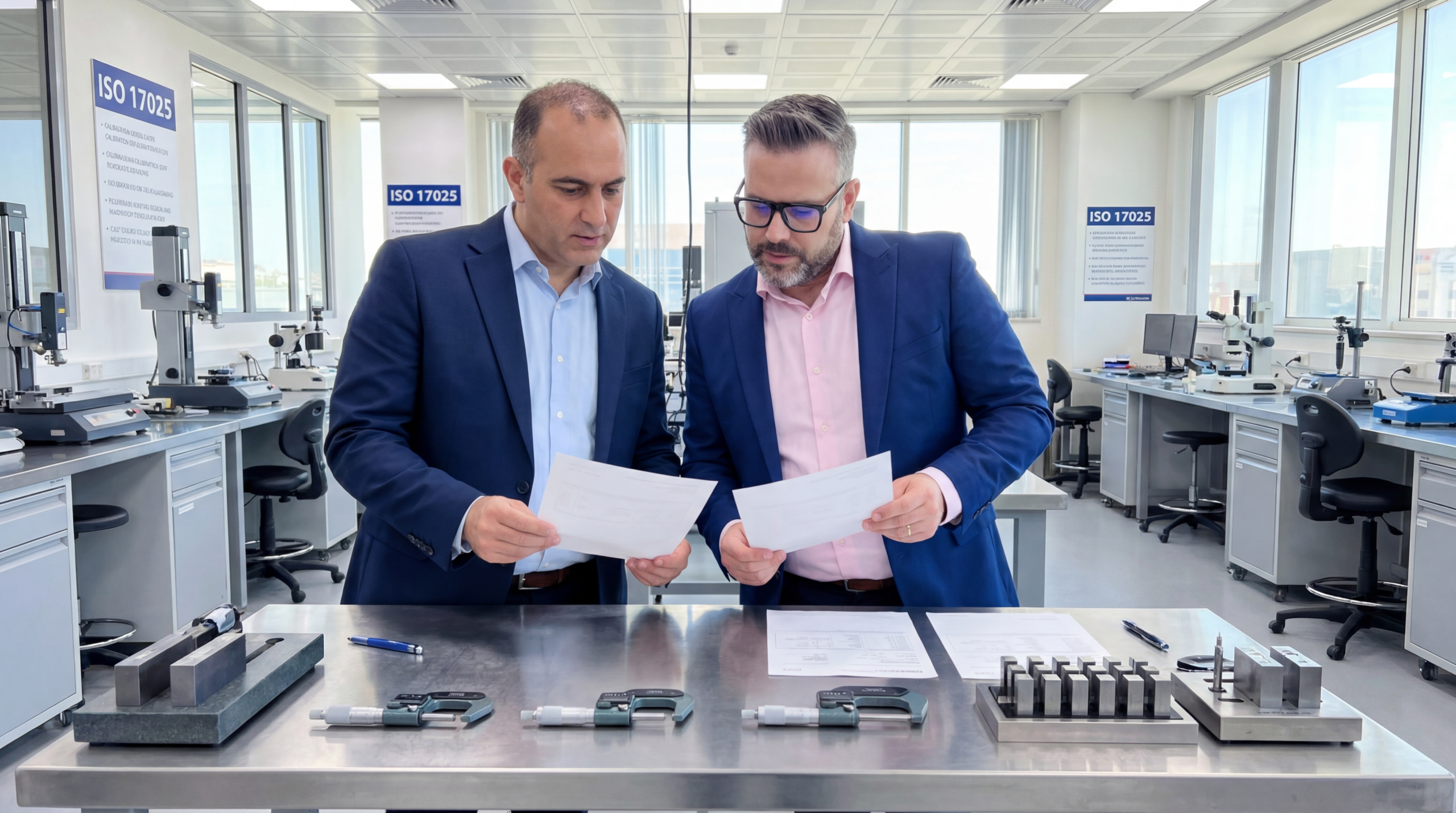 Peter spolu s audítorom kontroluje kvalitné meradlá v kalibračnej miestnosti ISO 17025