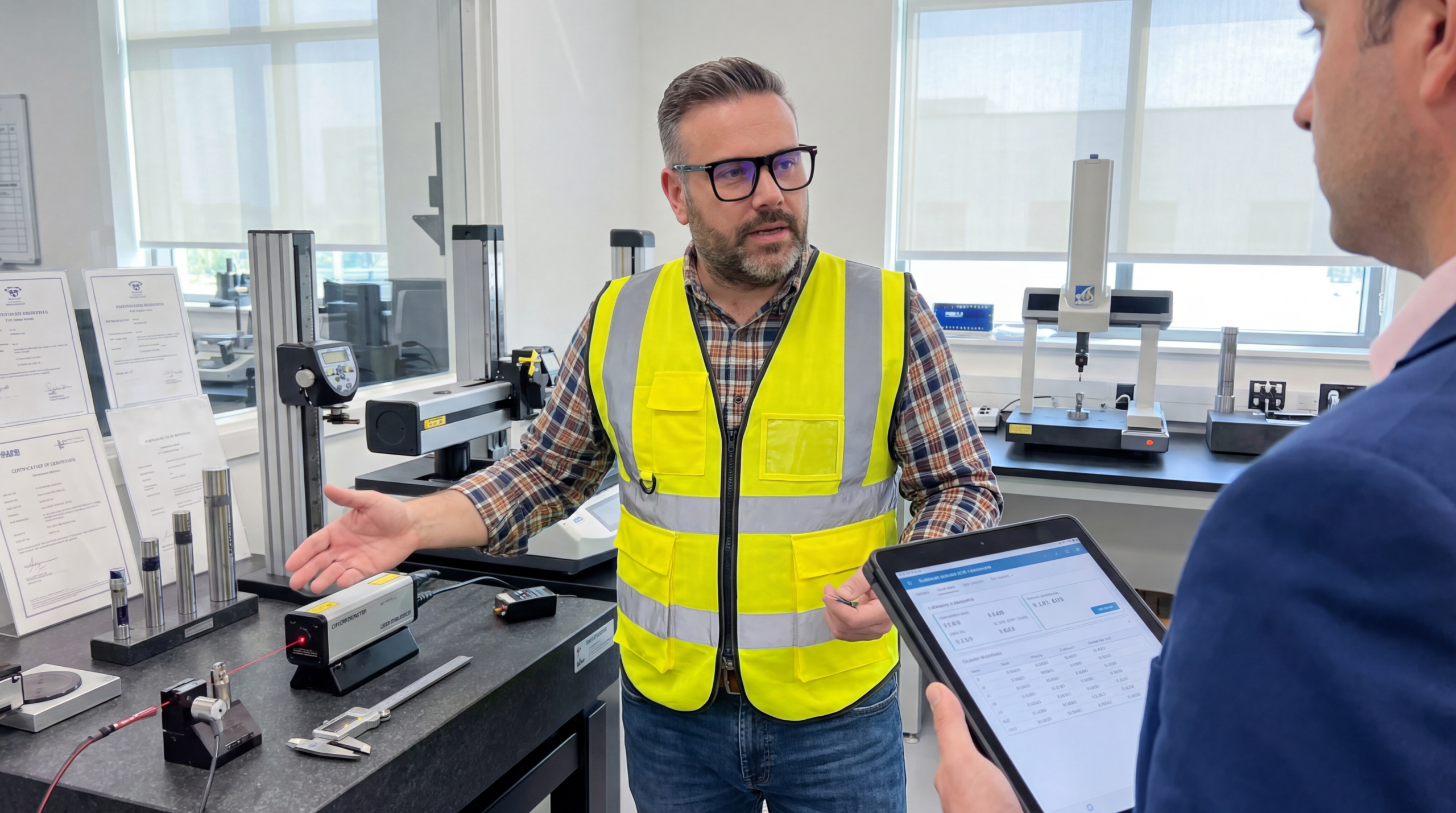 Peter v ochranných prostriedkoch ukazuje audítorovi kalibračný laboratórium v kontrolnej miestnosti