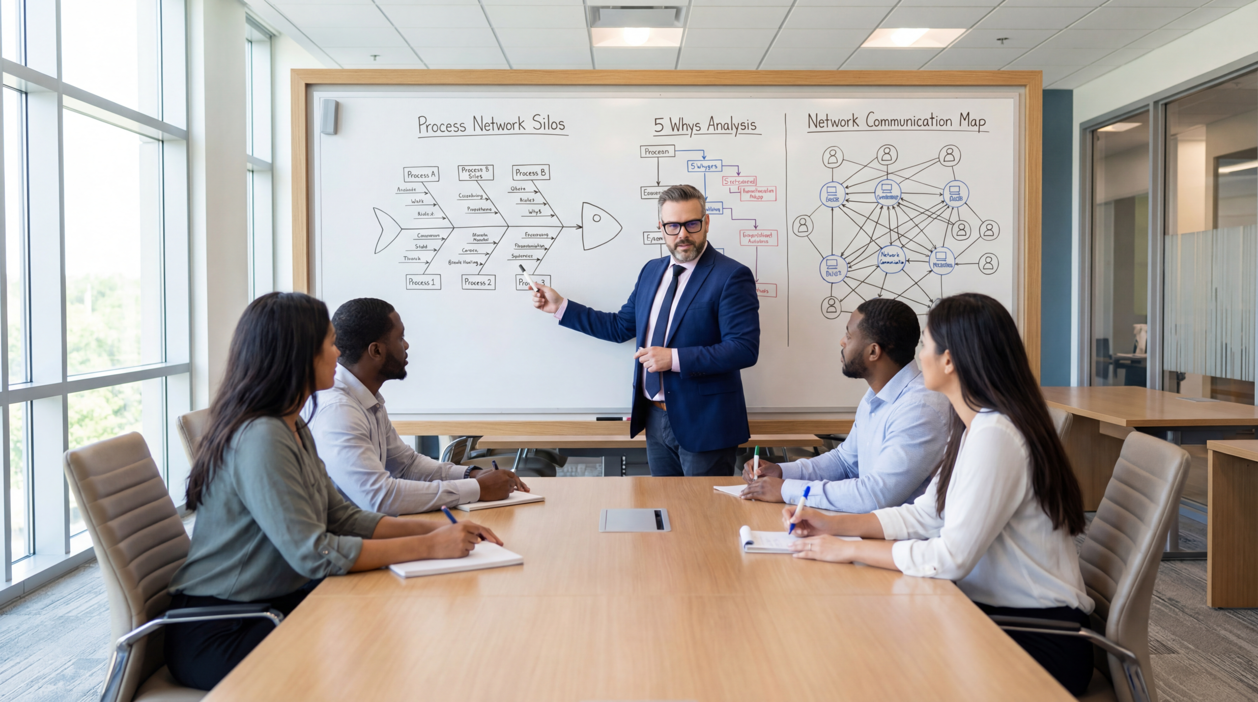 Peter spolu s Network Reinforcement tímom vykonáva root cause analýzu na whiteboarde - fishbone diagram, 5 Why’s, sieťová mapa