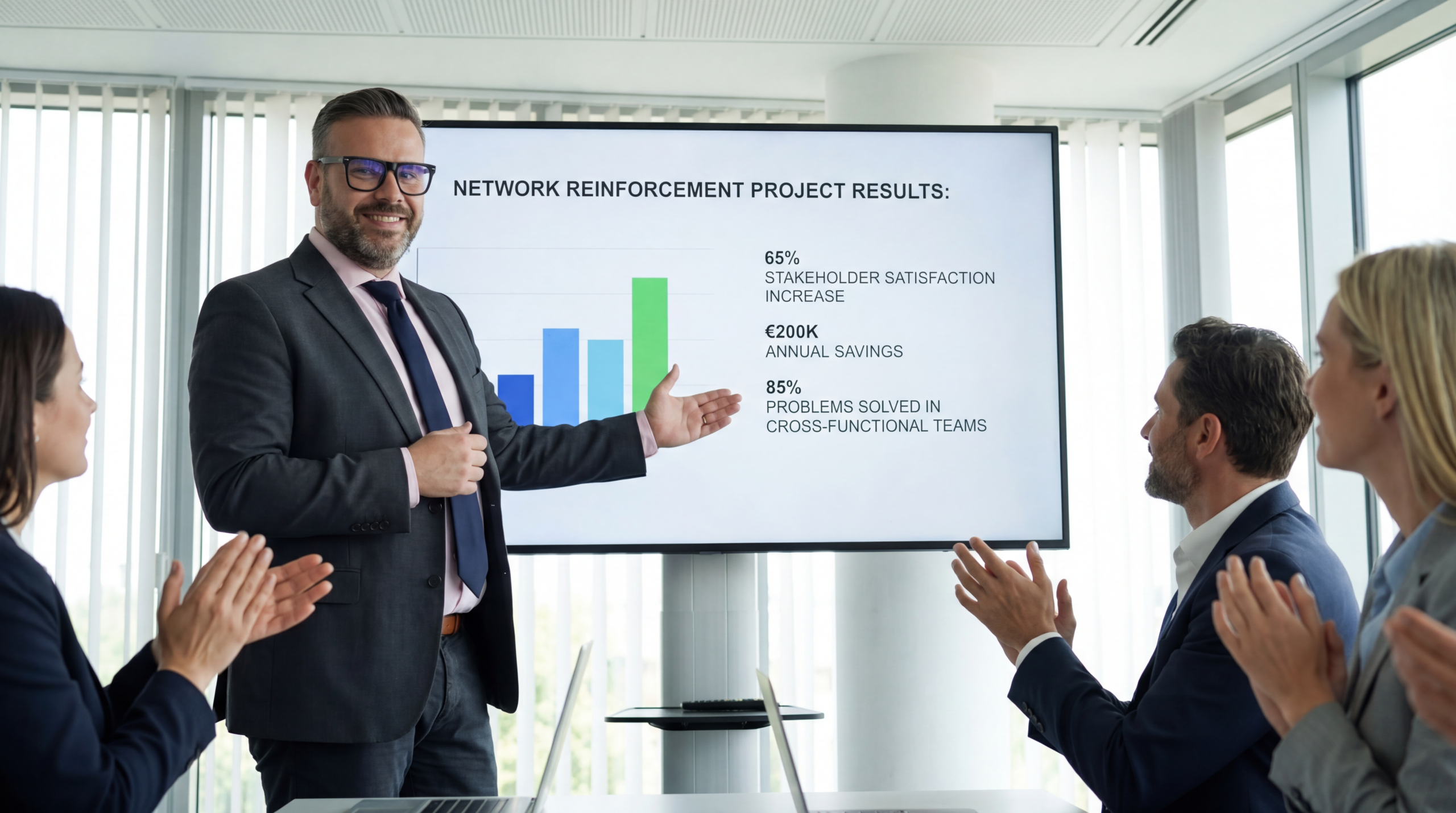 Peter v šedomobleku prezentuje finálne výsledky Network Reinforcement projektu stakeholderom - transformácia z sil na tím, €200K ročných úspor, 85% problémov riešených v tíme