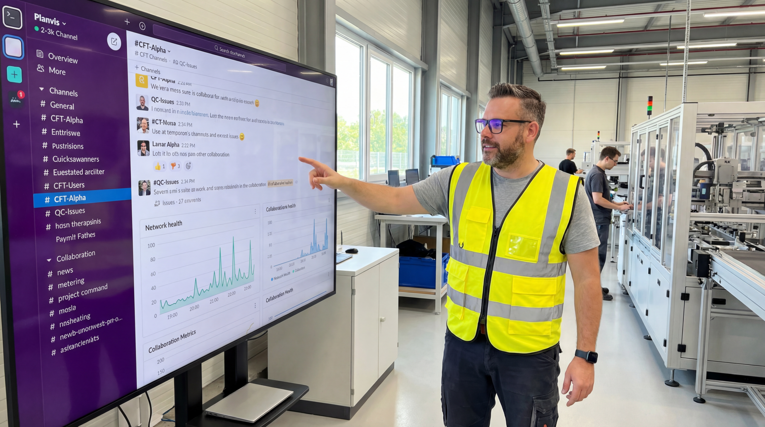 Peter v ochranných prostriedkoch ukazuje audítorovi novú sieťovú komunikáciu na výrobnej linke - Slack kanály, real-time chat, spolupráca v tíme