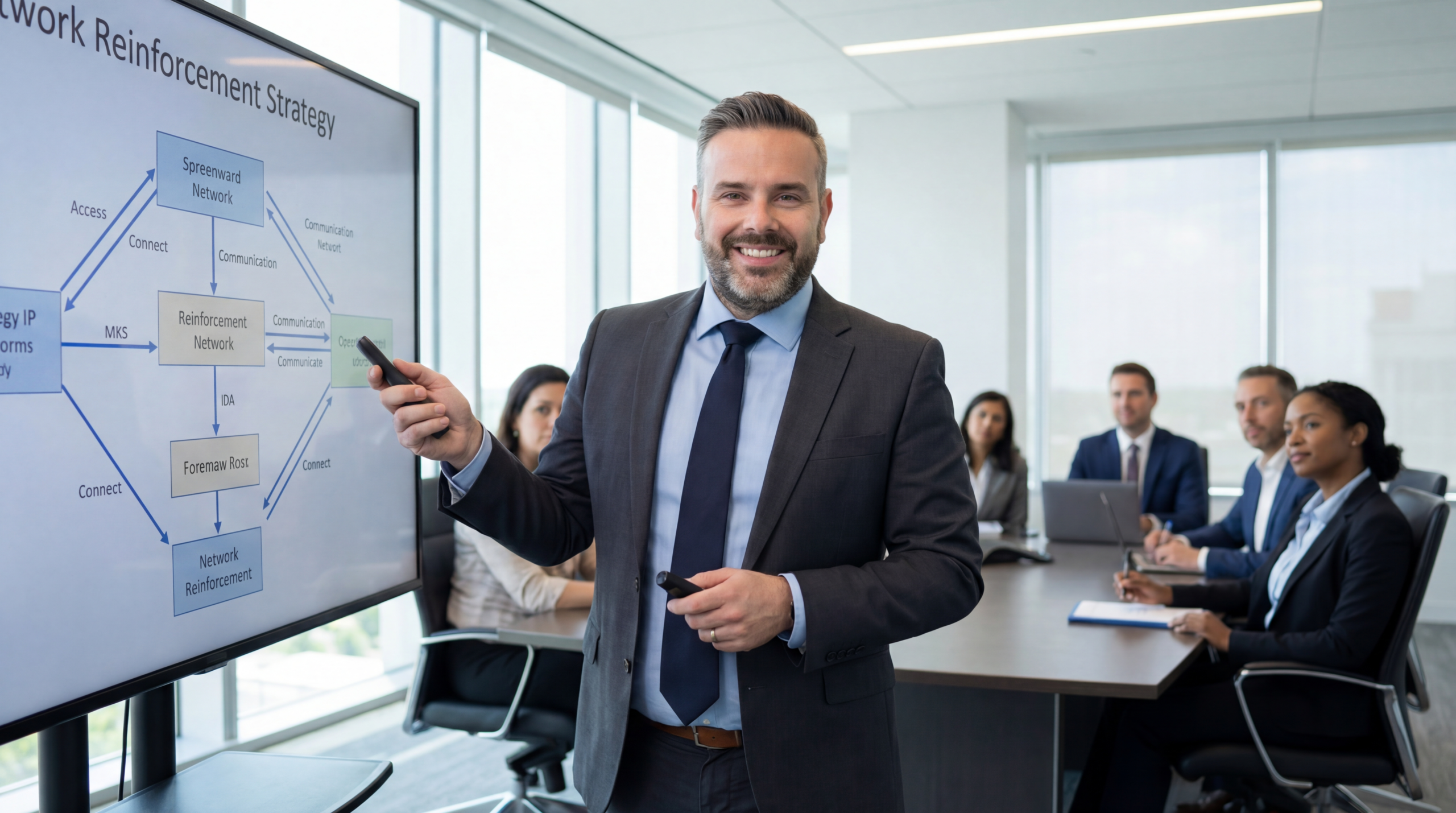 Peter predstavuje Network Reinforcement stratégiu stakeholderom v zasadačke