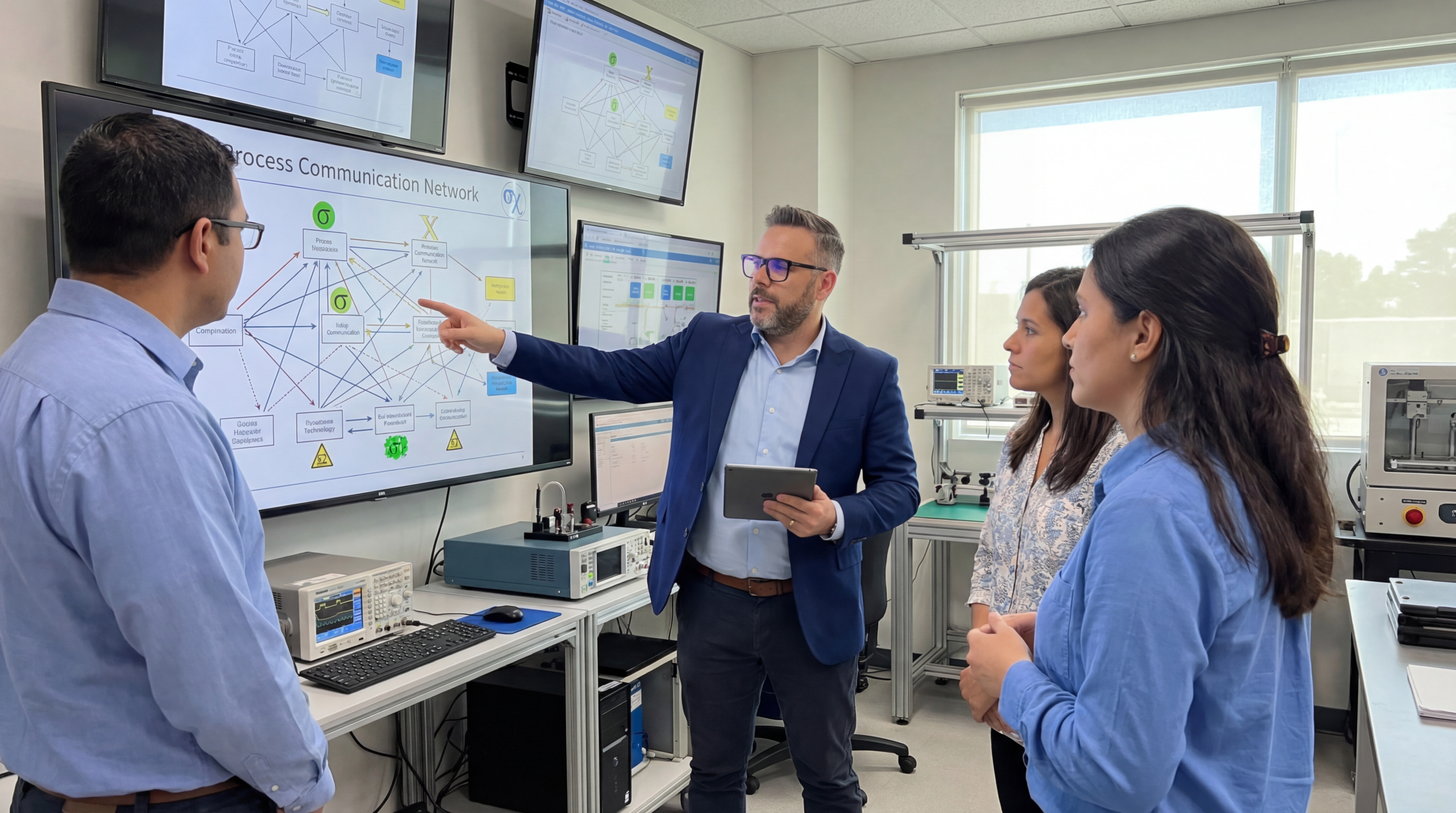 Peter v kontrolnej miestnosti analyzuje sieťovú mapu procesnej komunikácie so Six Sigma tímom