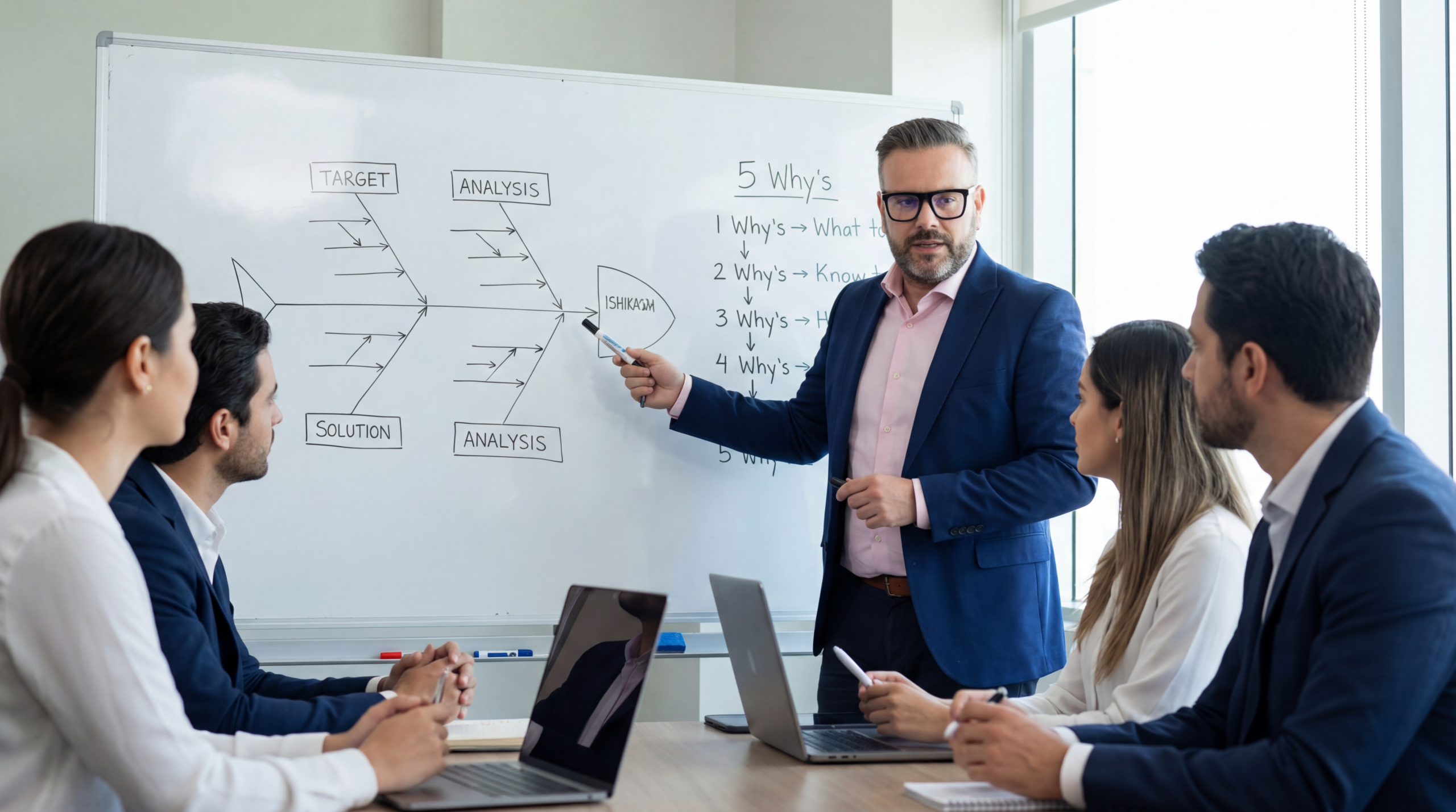 Peter spolu so Six Sigma tímom vykonáva Ishikawa analýzu na whiteboarde