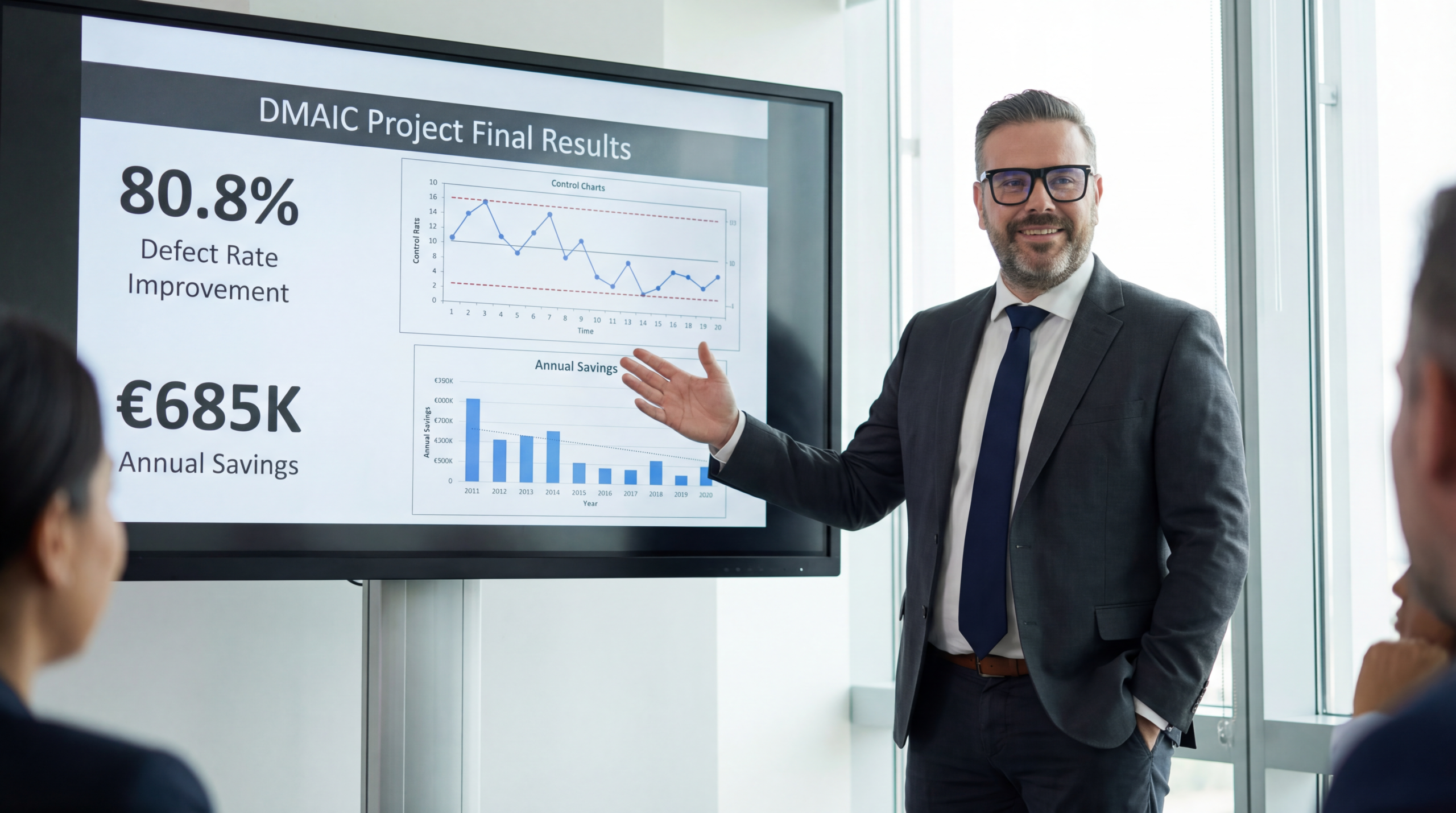 Peter prezentuje finálne výsledky Six Sigma DMAIC projektu stakeholderom