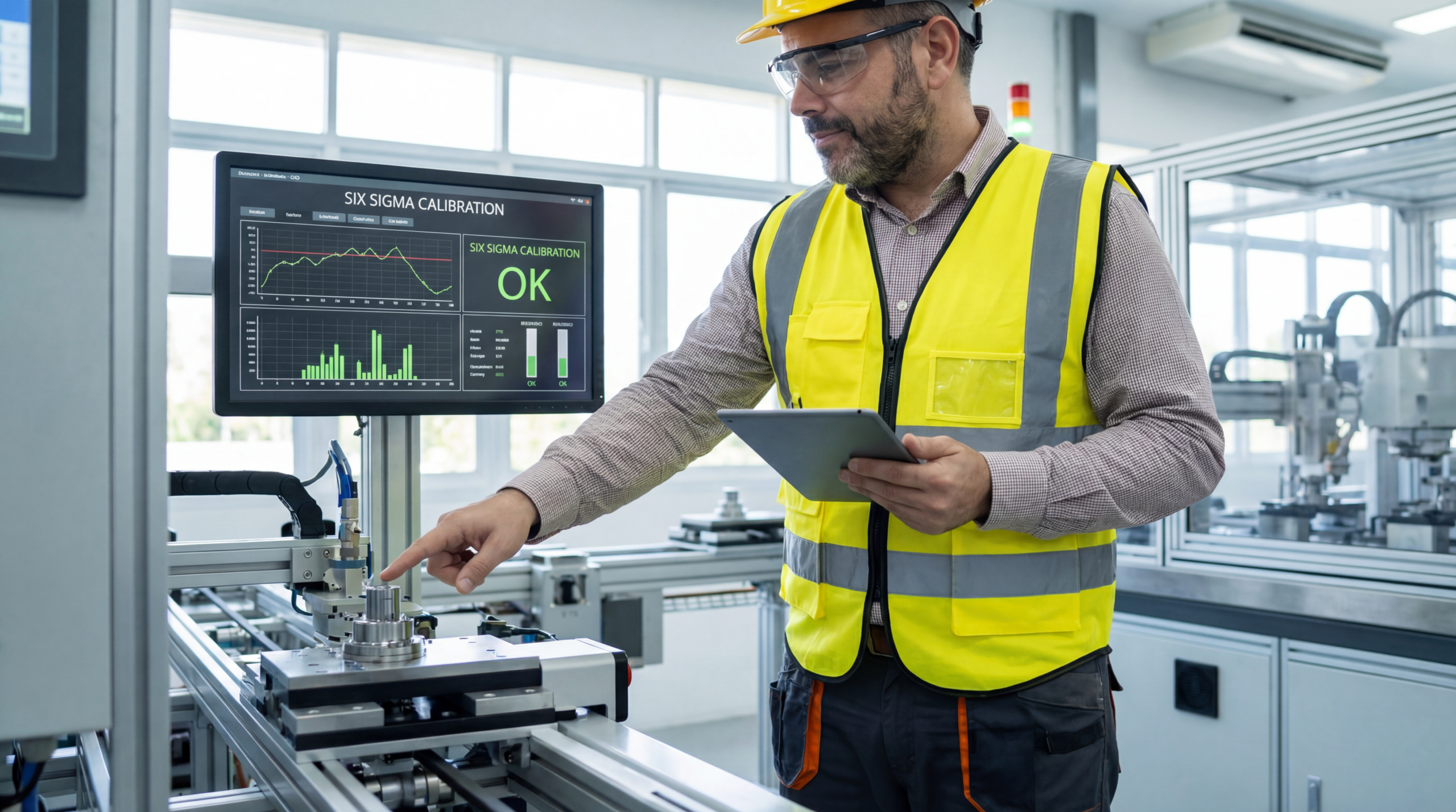 Peter monitoruje nové nastavenia stroja po implementácii Six Sigma riešení