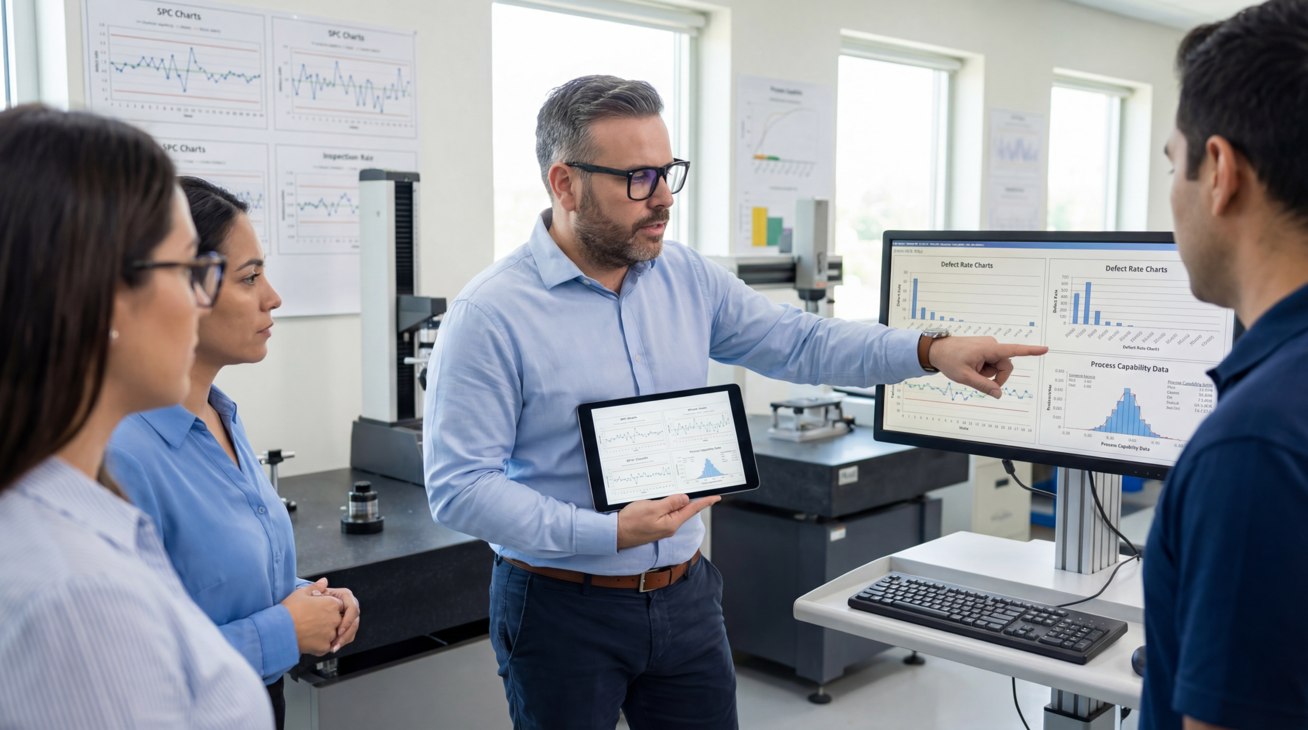 Peter sleduje a analyzuje štatistické dáta v kontrolnej miestnosti so Six Sigma tímom