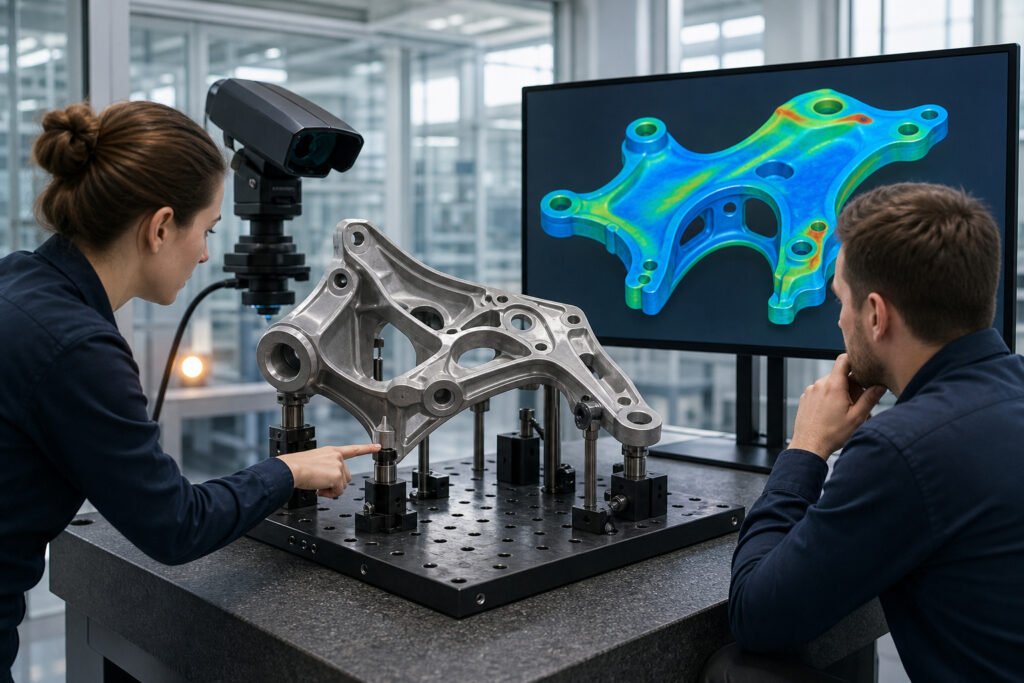 The fixture, the datum scheme and the evaluation rules decide what the colours mean — the machine only supplies the points.